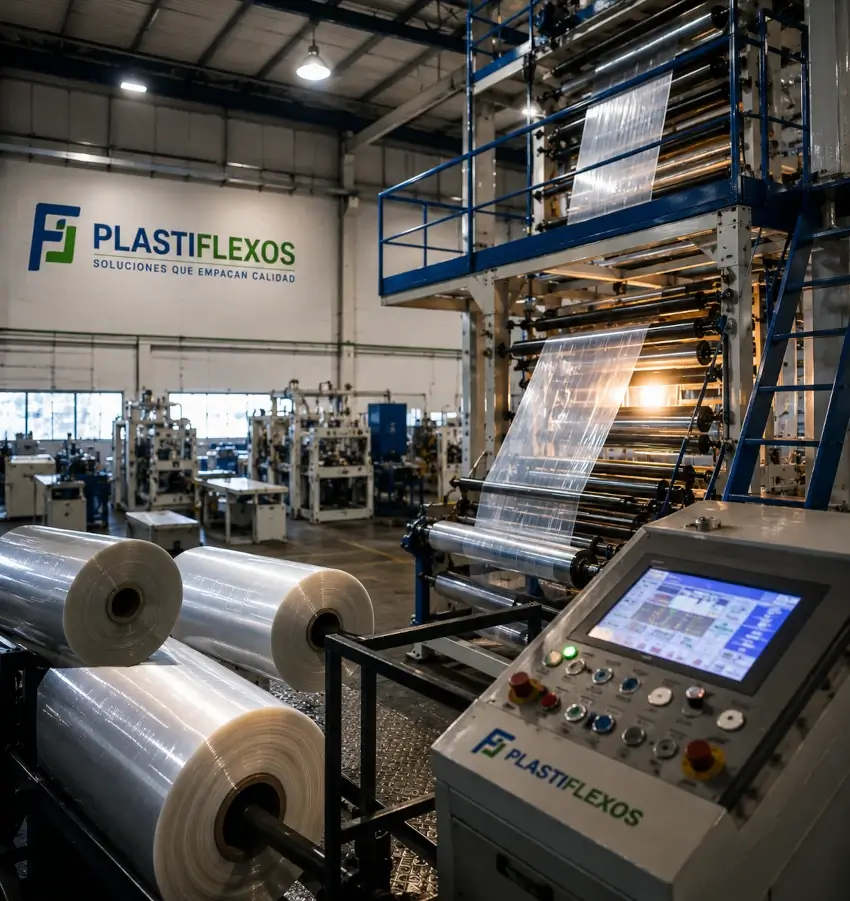 Máquinas y rollos plásticos en la fábrica de Plastiflexos