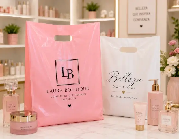 Bolsas plásticas boutique impresas para cosméticos y productos de belleza