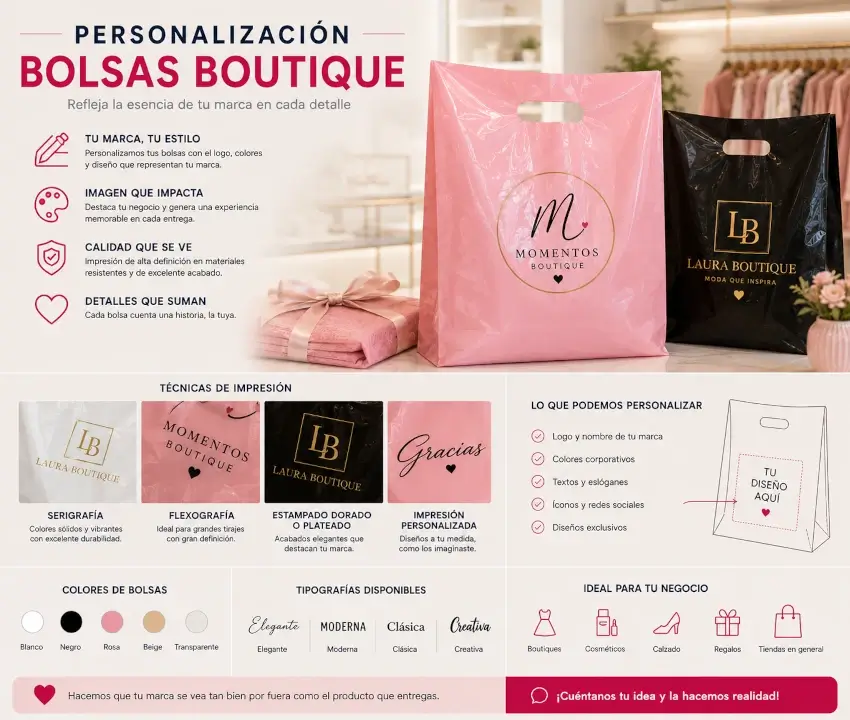 Diseño personalizado de bolsas plásticas boutique con logotipo, colores corporativos y diferentes manijas