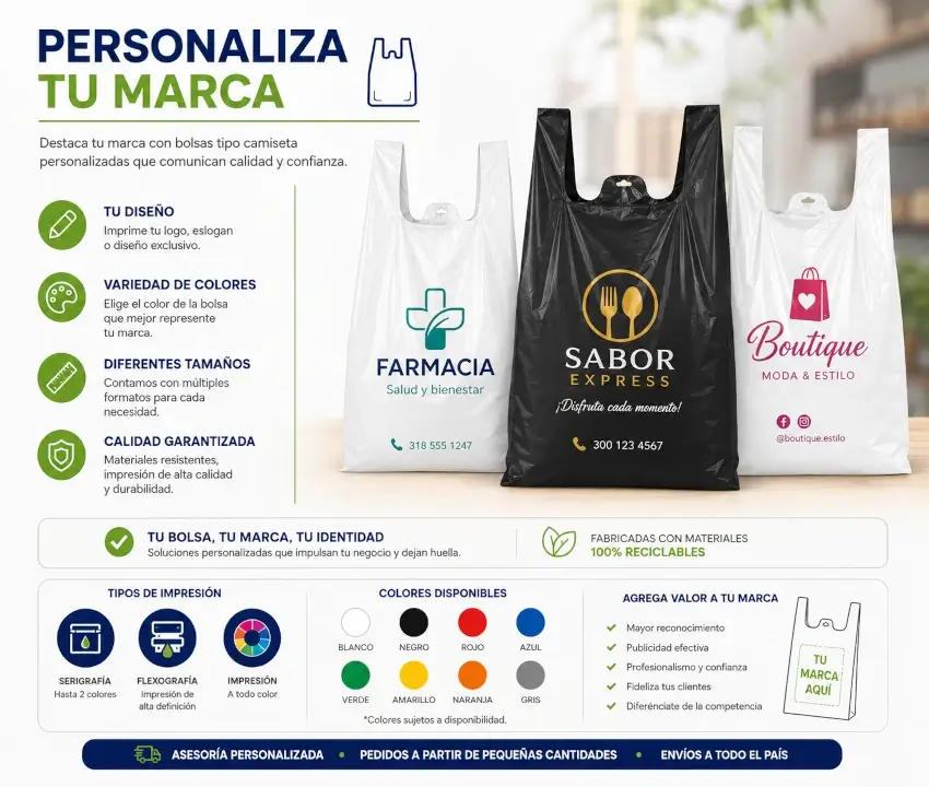 Desarrollo personalizado de bolsas tipo camiseta impresas y de diferentes colores