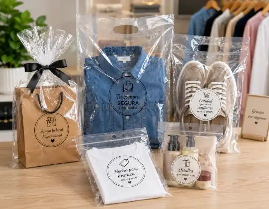 Productos comerciales exhibidos en bolsas transparentes de polipropileno