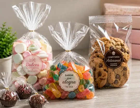 Dulces y chocolates empacados en bolsas transparentes de polipropileno