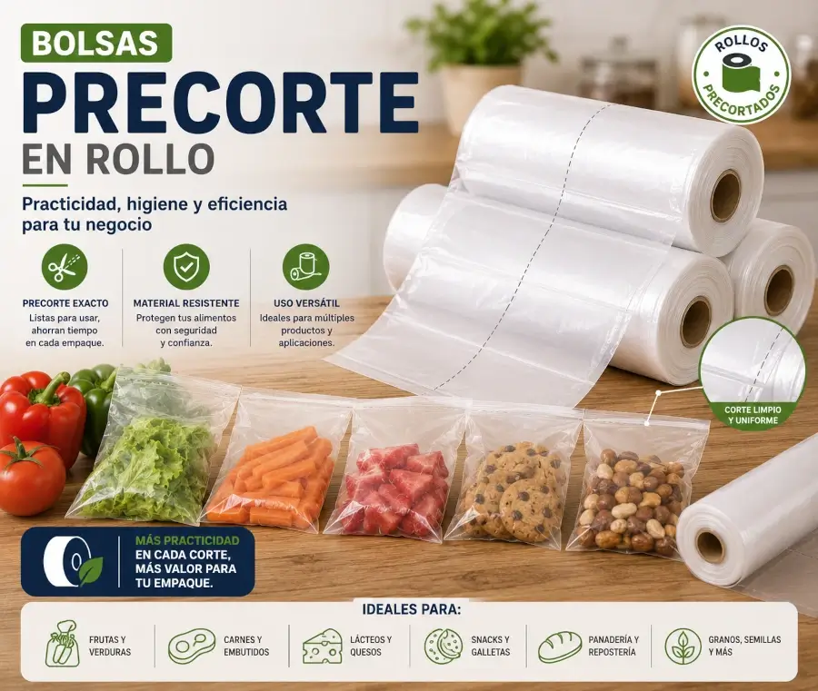 Rollos de bolsas precorte transparentes para supermercados, comercios y procesos de empaque