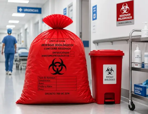 Bolsas rojas para residuos biosanitarios utilizadas en hospitales