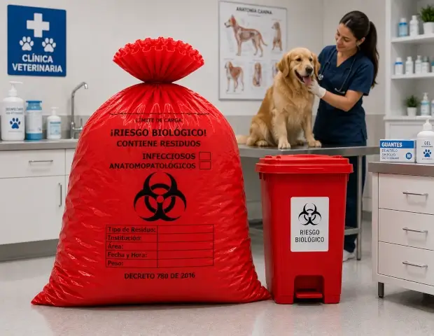 Bolsas rojas para residuos biosanitarios en clínicas veterinarias