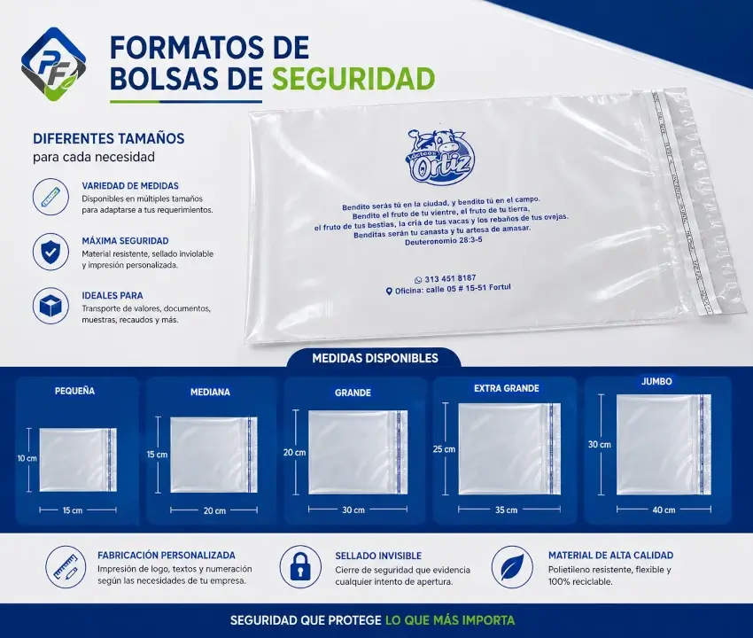 Bolsas de seguridad en diferentes medidas con cierre, numeración e impresión personalizada