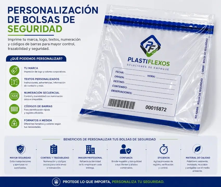 Bolsas de seguridad personalizadas con cierre, numeración e impresión corporativa
