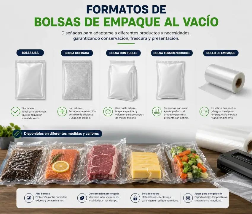 Bolsas lisas, bolsas gofradas y rollos para empaque al vacío