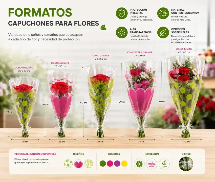 Capuchones plásticos para flores en diferentes medidas y presentaciones
