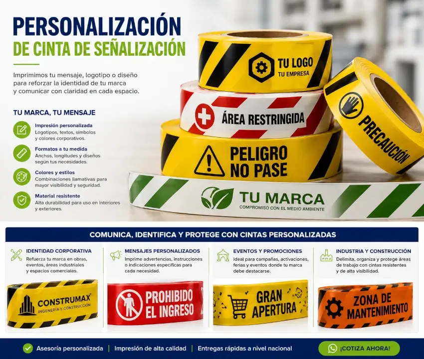Cinta de señalización personalizada con logotipo y mensajes preventivos