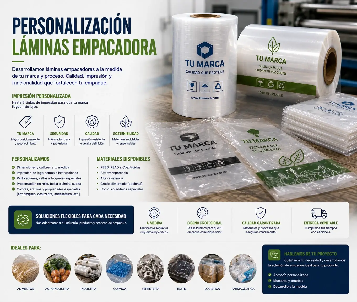 Desarrollo personalizado de láminas plásticas para empacadoras automáticas industriales